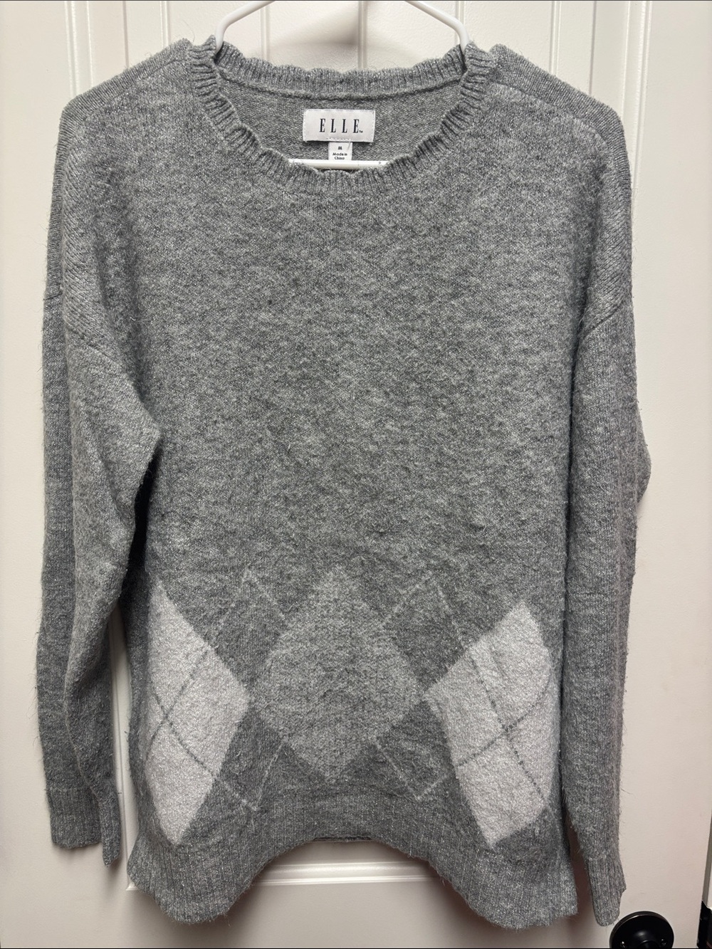 ELLE Women’s Gray Argyle Crewneck Sweater - Light & Medium Gray